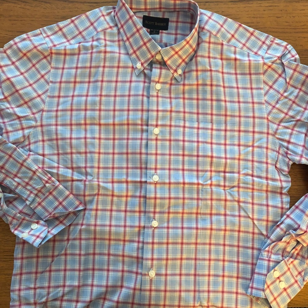 Scott Barber Long Sleeve Plaid Premium Dress Shirt Cotton Medium